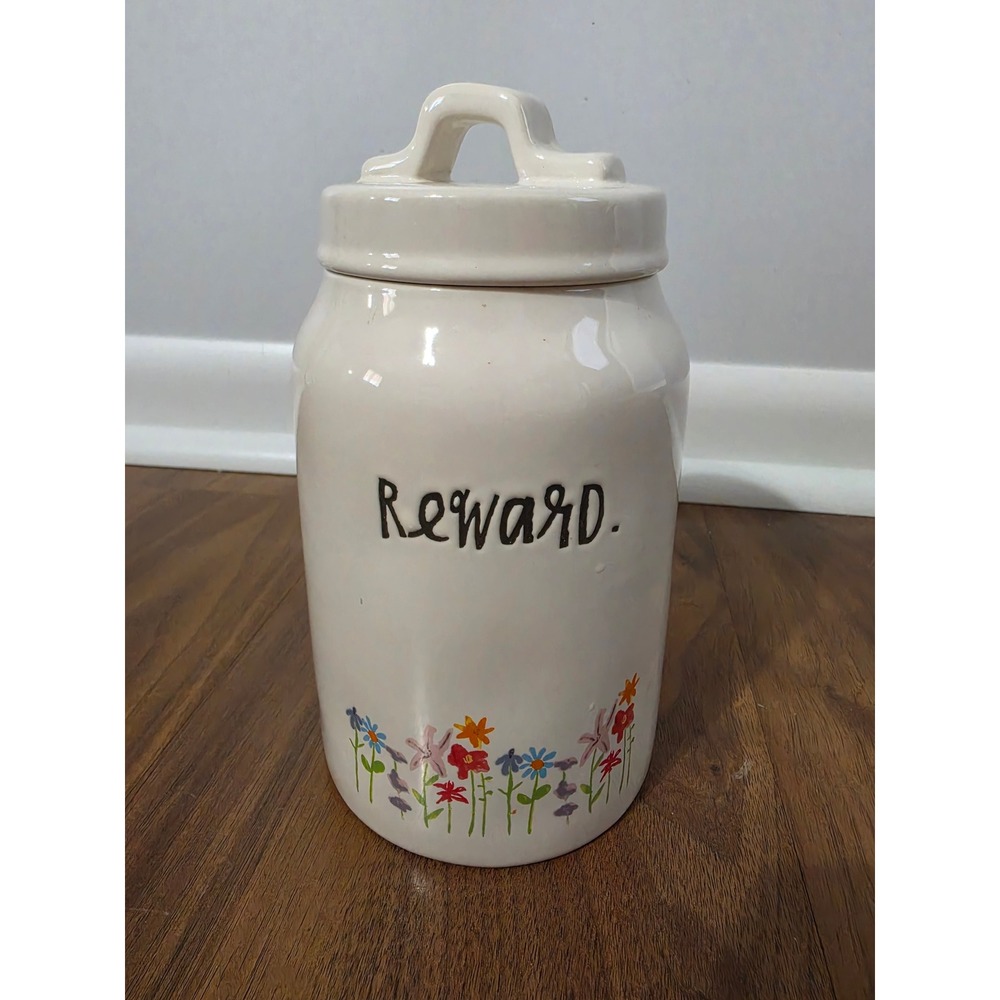 NWOT Rae Dunn Reward Canister Large White Floral Ceramic Treat Jar
